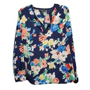 Lauren Ralph Lauren Petite Watercolor Floral Split Neck Long Sleeve Blouse PL